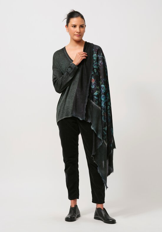 Avant Toi Cashmere & Silk Quadrello Dark Flowers Scarf in Nero Verderame Green	