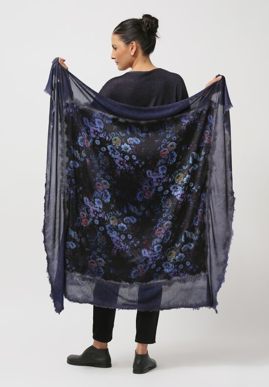 Avant Toi Cashmere & Silk Quadrello Dark Flowers Scarf in Nero Ginepro Blue	