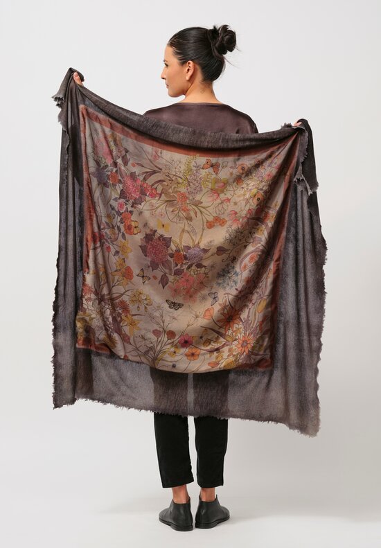 Avant Toi Cashmere & Silk Quadrello Fiore Farfalle Scarf in Nero Cumino Grey