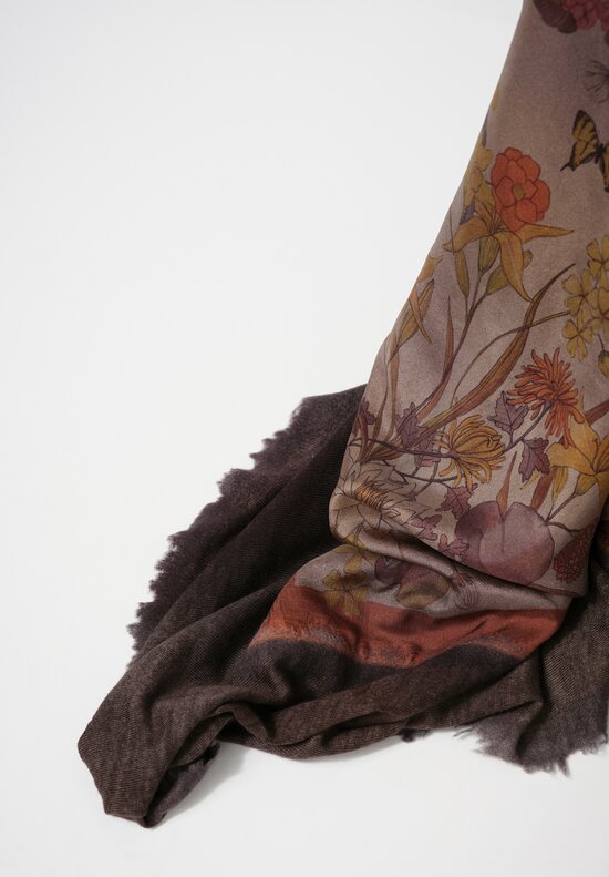 Avant Toi Cashmere & Silk Quadrello Fiore Farfalle Scarf in Nero Cumino Grey