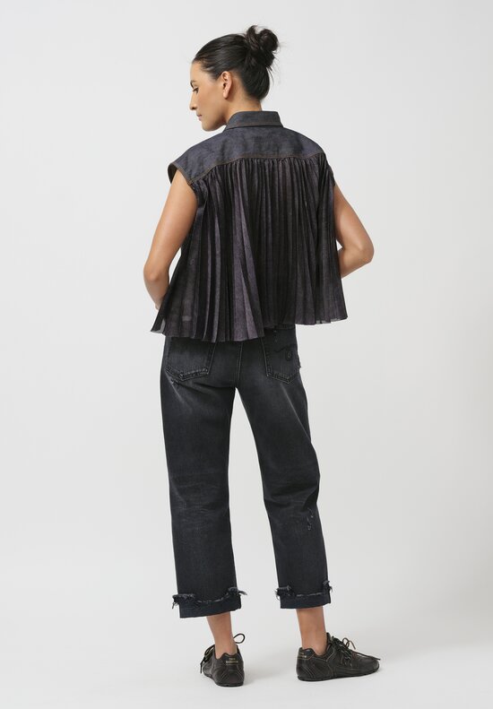 Sacai Pleated-Back Denim Button-Down in Navy Blue