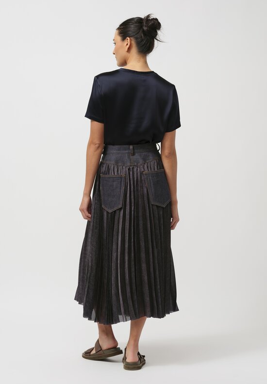 Sacai Denim & Pleated Mesh Skirt in Navy Blue