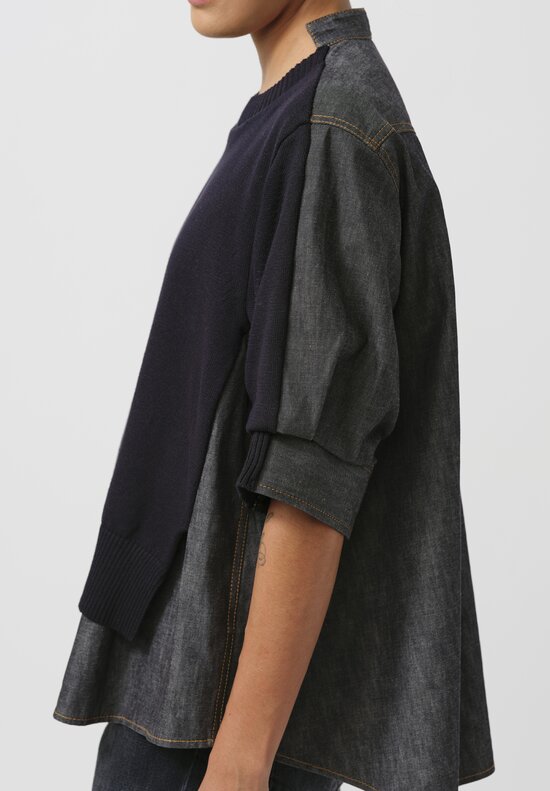 Sacai Knit & Denim Paneled Pullover in Navy Blue