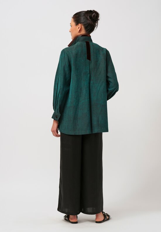 Sophie Hong Diamond Embossed Mud Silk Button-Down Shirt in Emerald