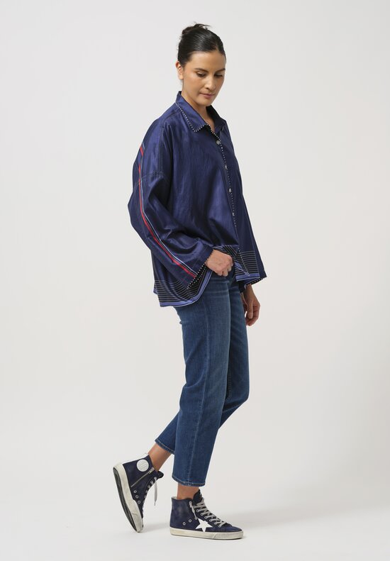 Péro Silk Button-Down Shirt in Navy Blue