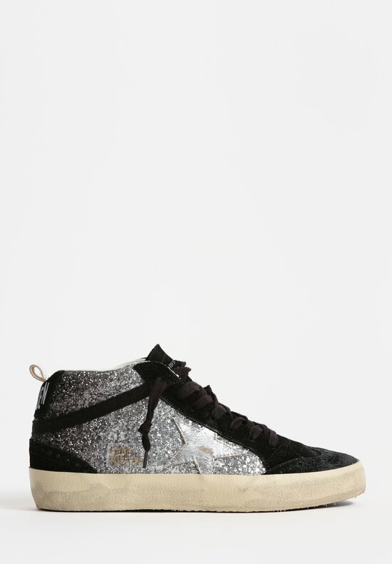 Golden Goose Glitter & Suede Mid Star Sneakers in Black & Silver