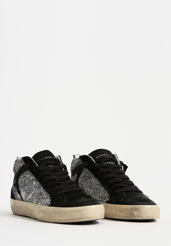 Golden Goose Glitter & Suede Mid Star Sneakers in Black & Silver