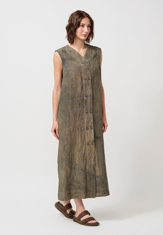 Biek Verstappen Stone Washed Linen Double Breasted Dress in Khaki Green