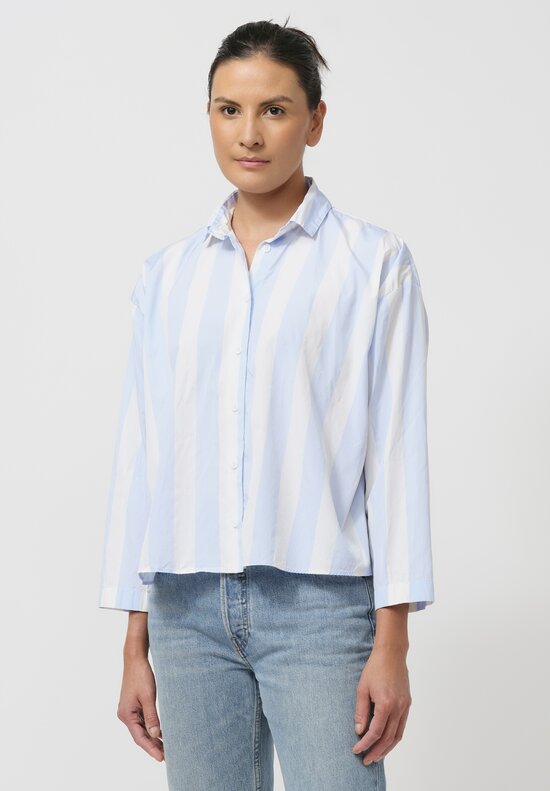 Bergfabel Washed Cotton Poplin Short Overshirt in Azure Blue Stripes