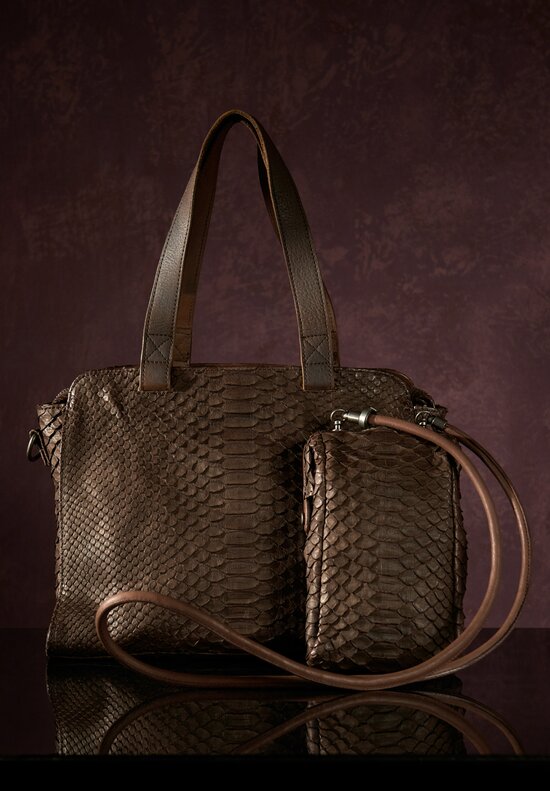Christian Peau Python Leather Tall Frame Shoulder Bag in Dark Brown
