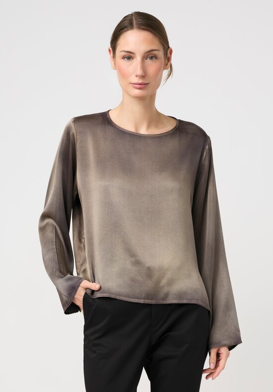 Avant Toi Hand-Painted Silk Girocollo Top in Nero & Cumino Brown