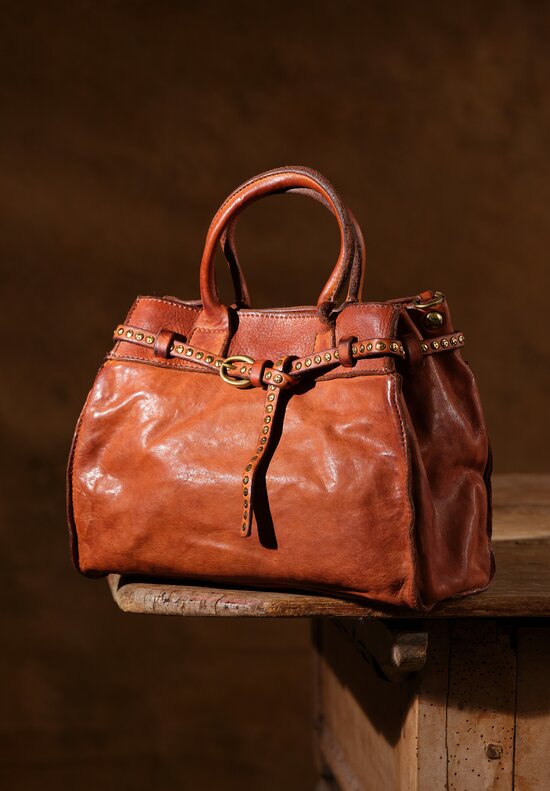 Campomaggi Studded Leather Rosella Satchel Bag Cognac Brown
