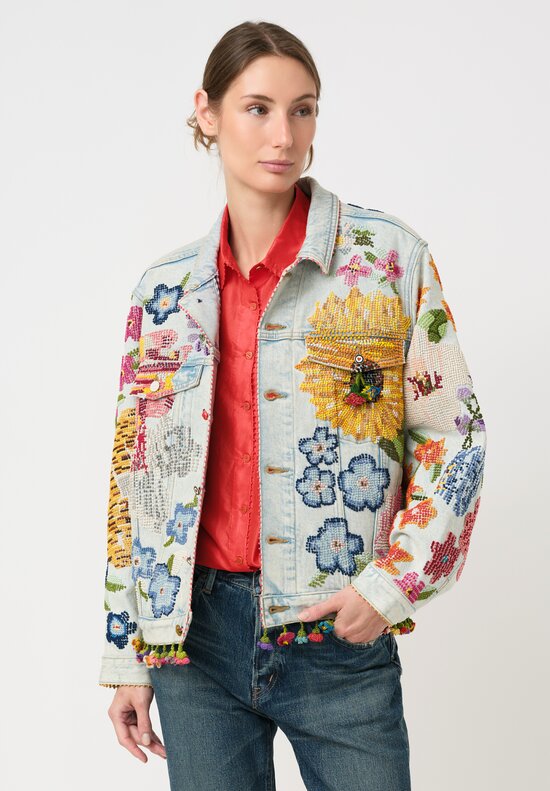 Péro Cotton Limited Edition Light-Wash Denim Jacket with Floral Embroidery