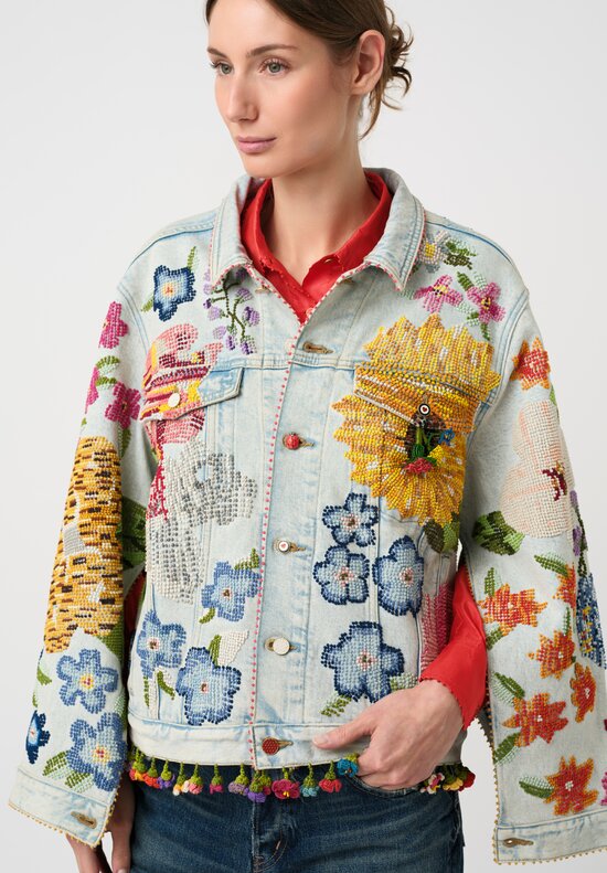 Péro Cotton Limited Edition Light-Wash Denim Jacket with Floral Embroidery