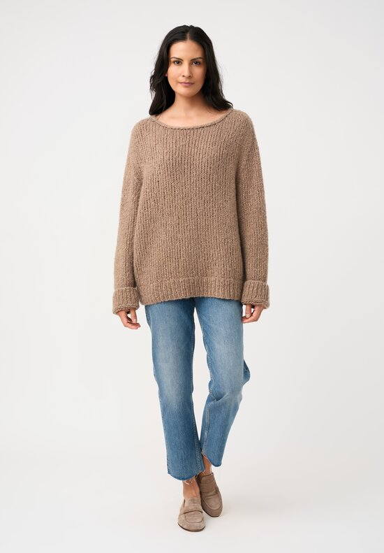 Wommelsdorff Cashemere & Silk Hand-Knit Faye Scooped Neck Sweater in Toffee Brown
