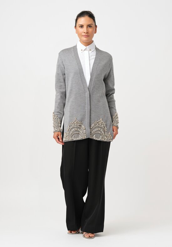 Erdem Crystal Embroidered Long Cardigan in Dove Grey