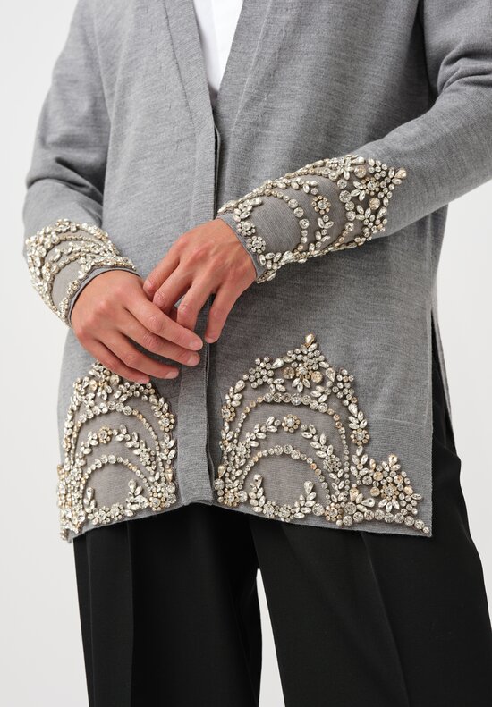 Erdem Crystal Embroidered Long Cardigan in Dove Grey