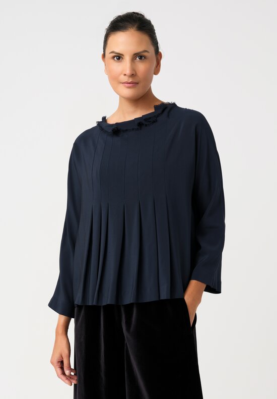 Daniela Gregis Silk Rondine Pleated Top in Navy Blue