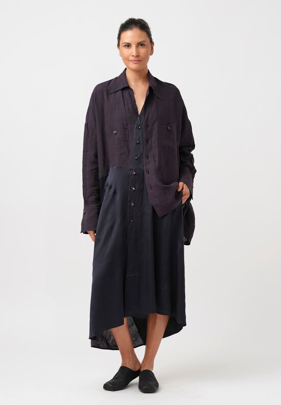 Ziggy Chen Linen & Silk Patchwork Shirt-Dress in Naby Blue Plaid