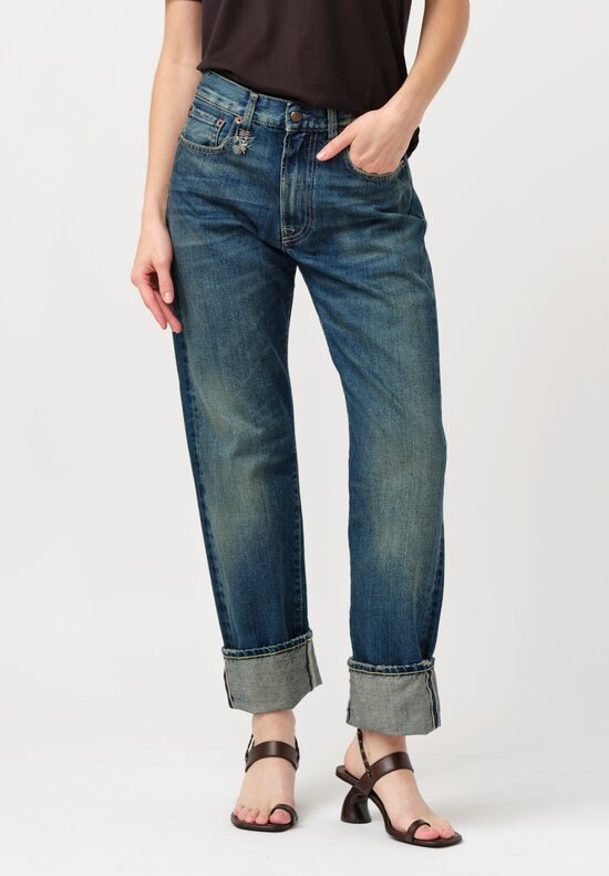 R13 Cotton Denim Cuffed Selvedge Boyfriend Jeans in Adelaide Blue