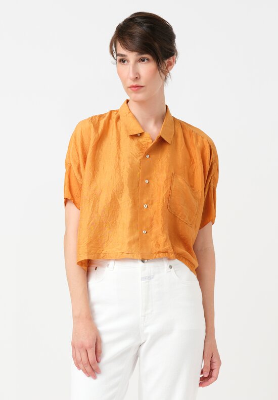 Kaval Khadi Silk Aloha Button-Down Crop Top in Mango Orange