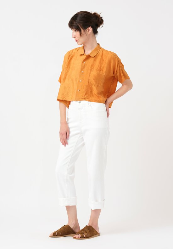 Kaval Khadi Silk Aloha Button-Down Crop Top in Mango Orange