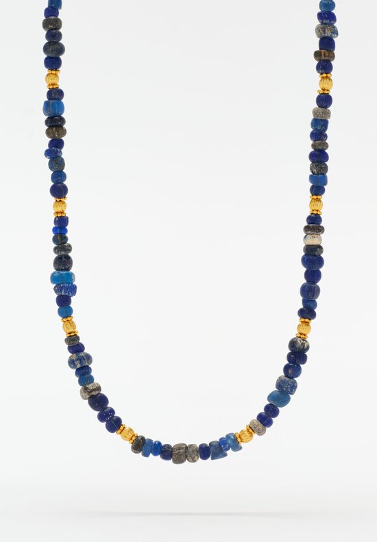 Greig Porter 18K Starburst Fluted Rounds & Roman Period Lapis Lazuli Beaded Necklace 18.5