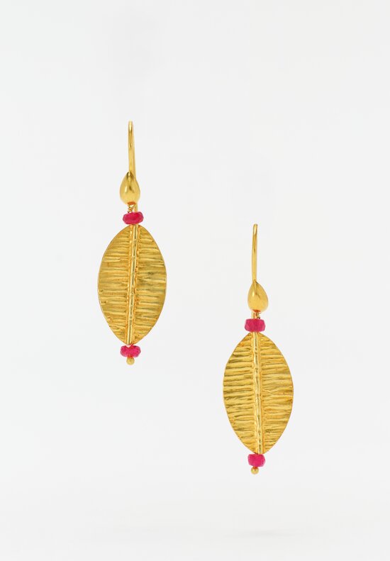 Greig Porter 18K Leaf Dangle Earrings with Faceted Ruby Beads 1.5