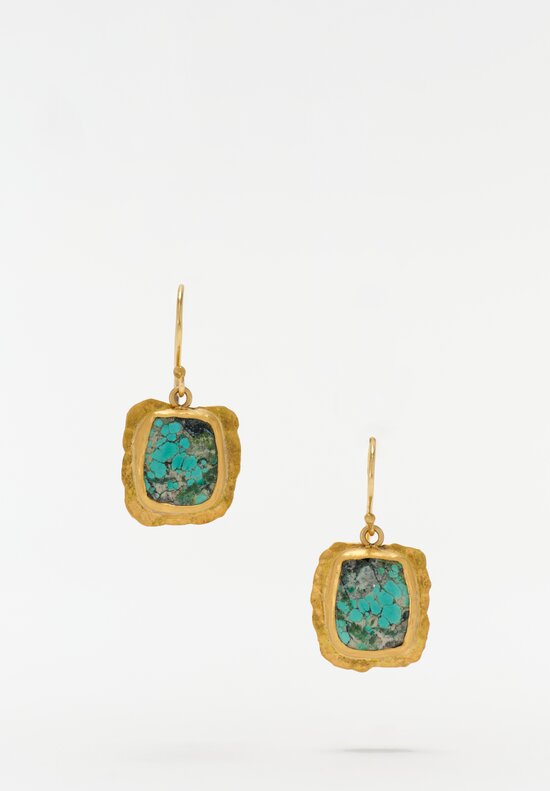 Margery Hirschey 22K Hammered Gold Frame Drop Earrings with Square Turquoise Cabochon