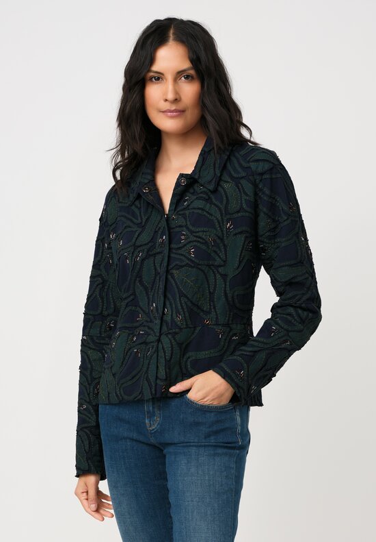 Alabama Chanin Cotton Embroidered Fallen Leaves Appliqué Jacket in Midnight Teal Blue