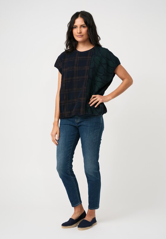 Alabama Chanin Cotton Hand-Dyed Waffle Knit Top in Eclipse Blue Plaid & Midnight Teal Fallen Leaves