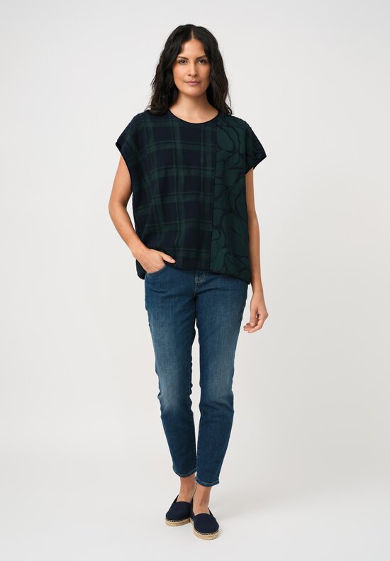 Alabama Chanin Cotton Hand-Dyed Waffle Knit Top in Midnight Teal Blue Plaid & Fallen Leaves