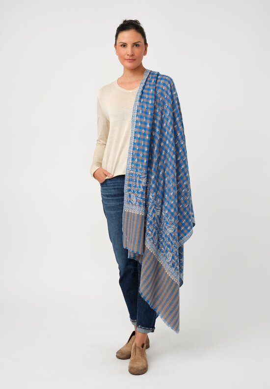 Yaser Shaw Cashmere Kashmiri Embroidered Scarf in Cerulean Blue Gingham with Paisley Flowers