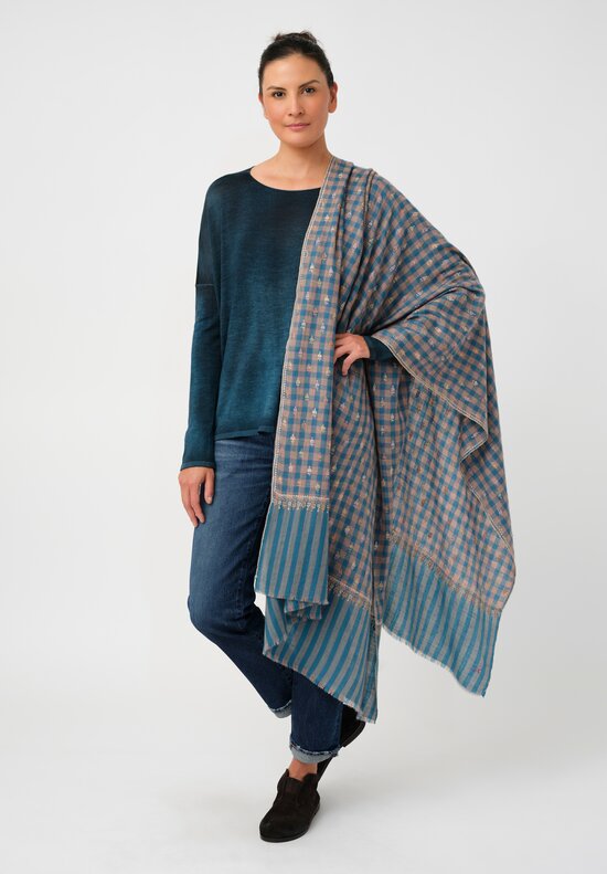 Yaser Shaw Cashmere Kashmiri Embroidered Scarf in Teal Blue Gingham with Paisley Flowers