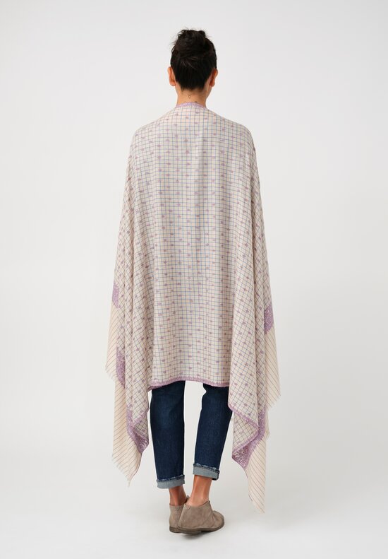 Yaser Shaw Cashmere Kashmiri Embroidered Scarf in Cream & Blue Windowpane with Paisley Flowers