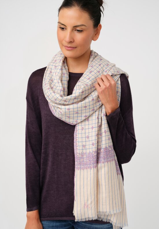 Yaser Shaw Cashmere Kashmiri Embroidered Scarf in Cream & Blue Windowpane with Paisley Flowers