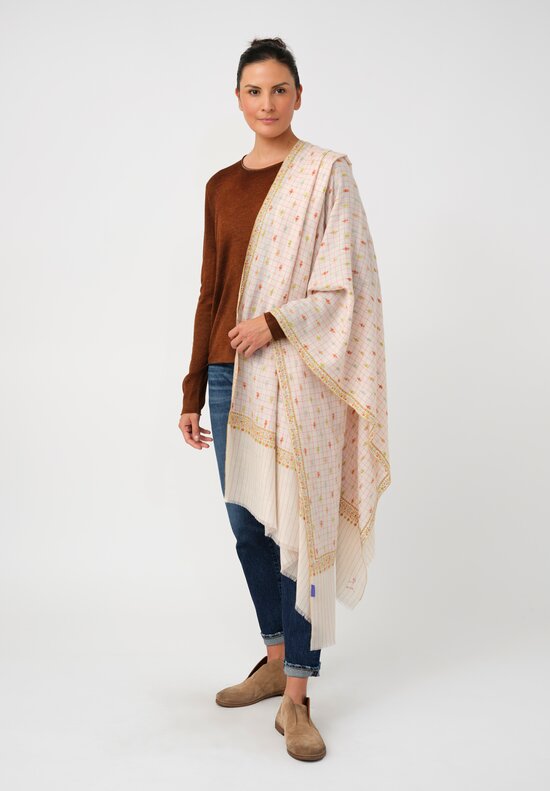 Yaser Shaw Cashmere Kashmiri Embroidered Scarf in Cream & Pink Windowpane with Paisley Flowers