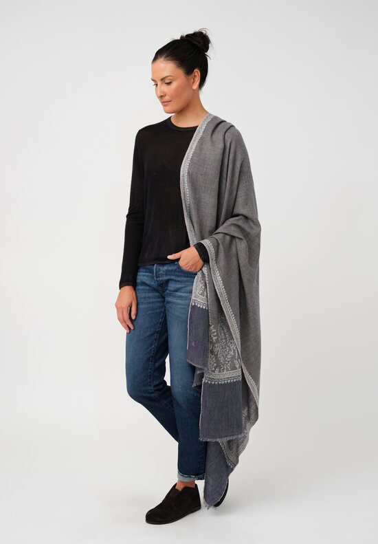 Yaser Shaw Cashmere Kashmiri Embroidered Scarf in Steel Grey & Blue Paisley Trees & Bouquets