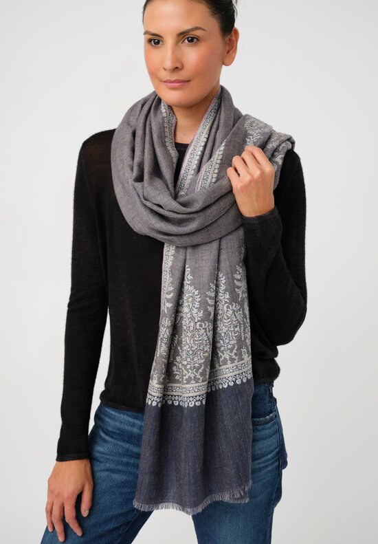 Yaser Shaw Cashmere Kashmiri Embroidered Scarf in Steel Grey & Blue Paisley Trees & Bouquets
