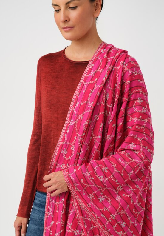 Yaser Shaw Cashmere Kashmiri Embroidered Scarf in Fuchsia Pink Stripes with Paisley Vine Swirls