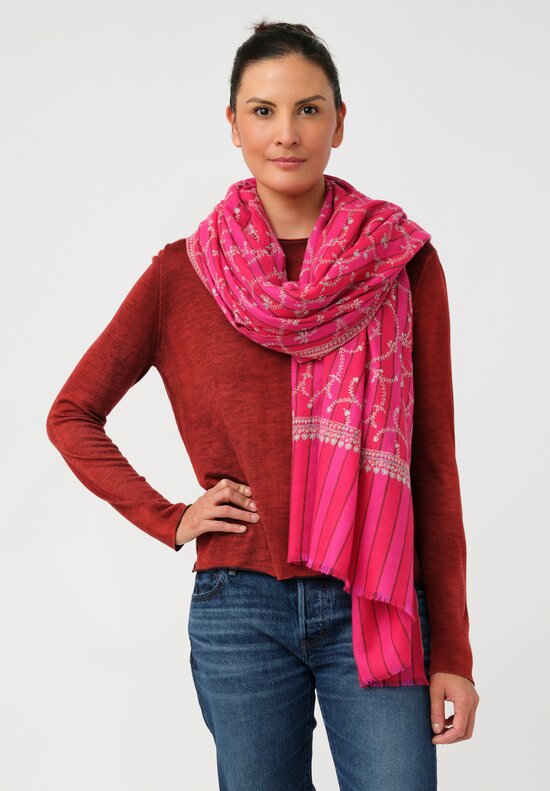 Yaser Shaw Cashmere Kashmiri Embroidered Scarf in Fuchsia Pink Stripes with Paisley Vine Swirls