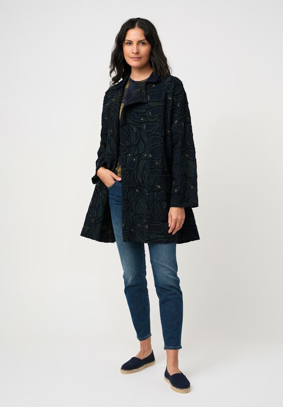 Alabama Chanin Cotton Embroidered Fallen Leaves Appliqué Duster Coat in Midnight Teal Blue