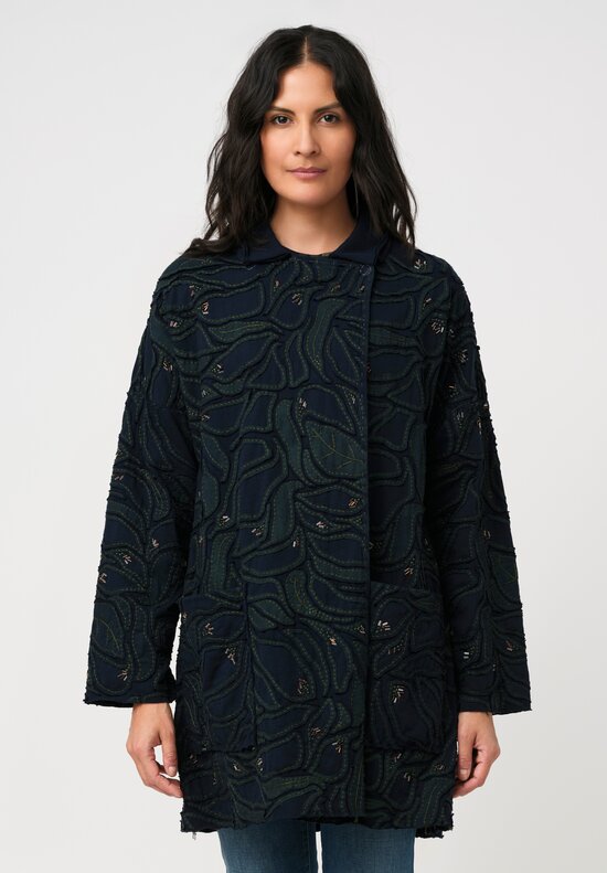 Alabama Chanin Cotton Embroidered Fallen Leaves Appliqué Duster Coat in Midnight Teal Blue