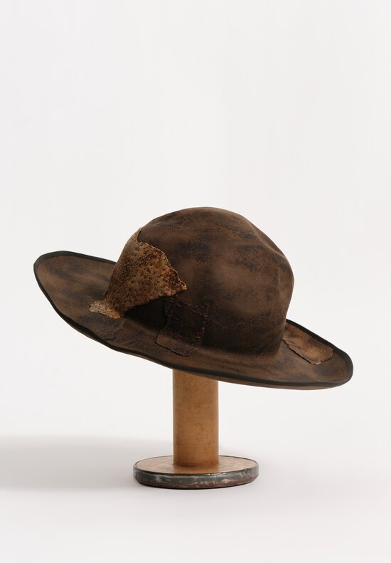 Horisaki Design & Handel Beaver Fur Felt Hard Burnt & Stitched Patchwork Hat in Dark Taupe & Brown