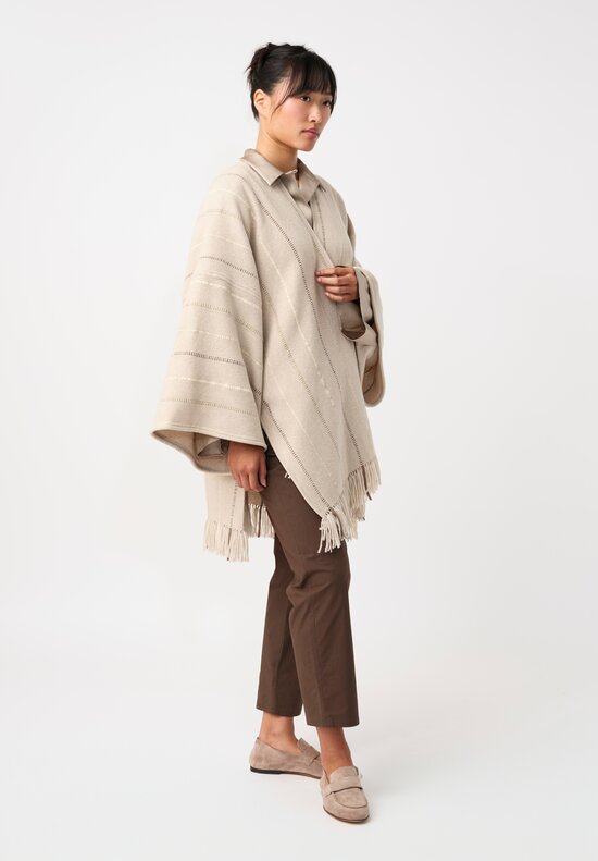 Alonpi Cashmere & Woven Leather Band Striped Ella Poncho in Neutral Almond