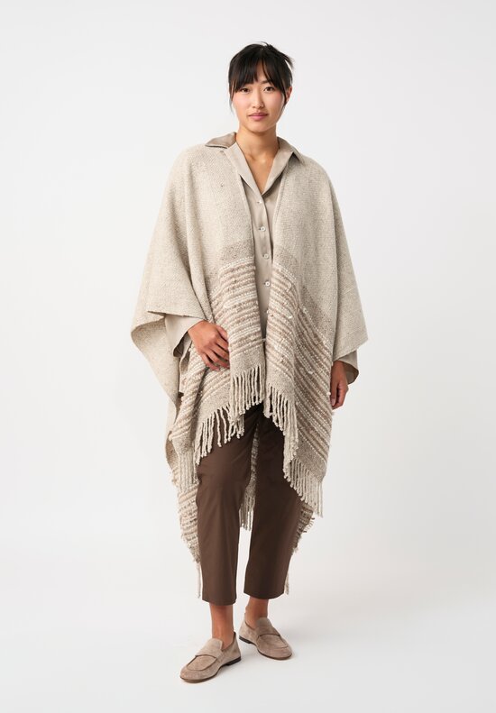 Alonpi Cashmere Tweed Fringed Lia Poncho in Natural Oat