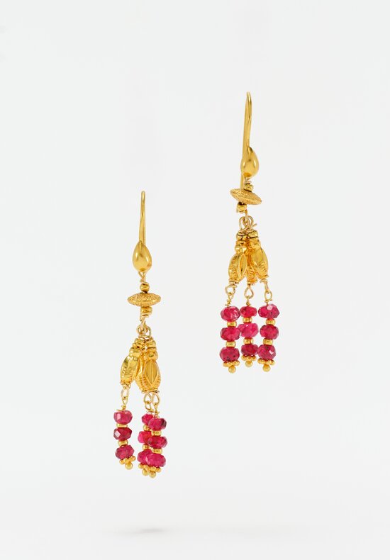 Greig Porter 3-Strand 18K & Raspberry Sapphire Beaded Chandelier Earrings 1.75