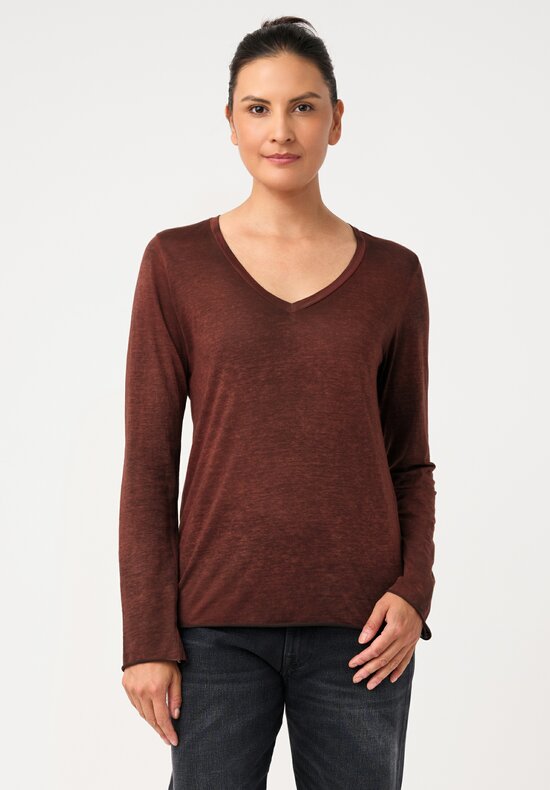 Avant Toi Cotton Hand-Painted V-Neck Long Sleeve Top in Nero & Brownie Brown