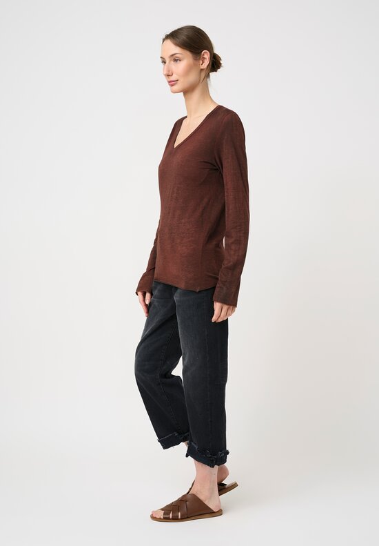 Avant Toi Cotton Hand-Painted V-Neck Long Sleeve Tee in Nero & Brownie Brown