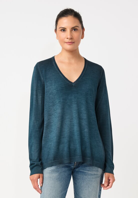 Avant Toi Cashmere & Vintage Silk One-of-a-Kind V-Neck Sweater in Laguna Blue Fleur-de-Lis